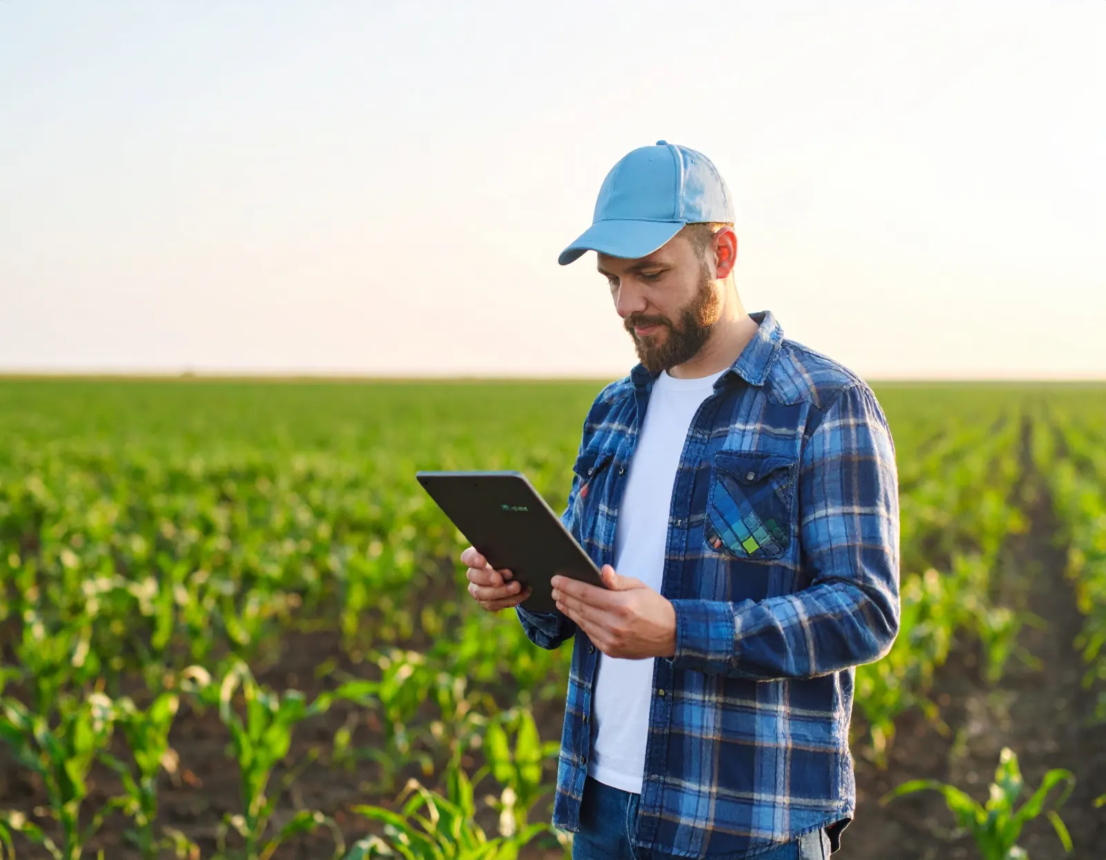 Productor con gorra y camisa a cuadros consultando una tablet en medio de un cultivo de maíz joven